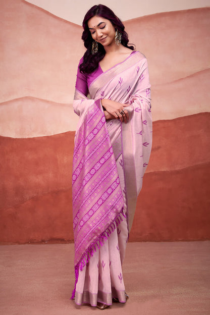 Scintillating Lavender Cotton Silk Saree With Precious Blouse Piece