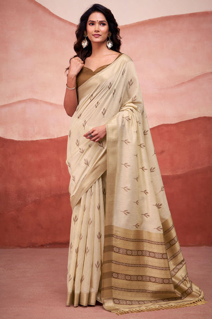 Charming Beige Cotton Silk Saree With Fancifull Blouse Piece