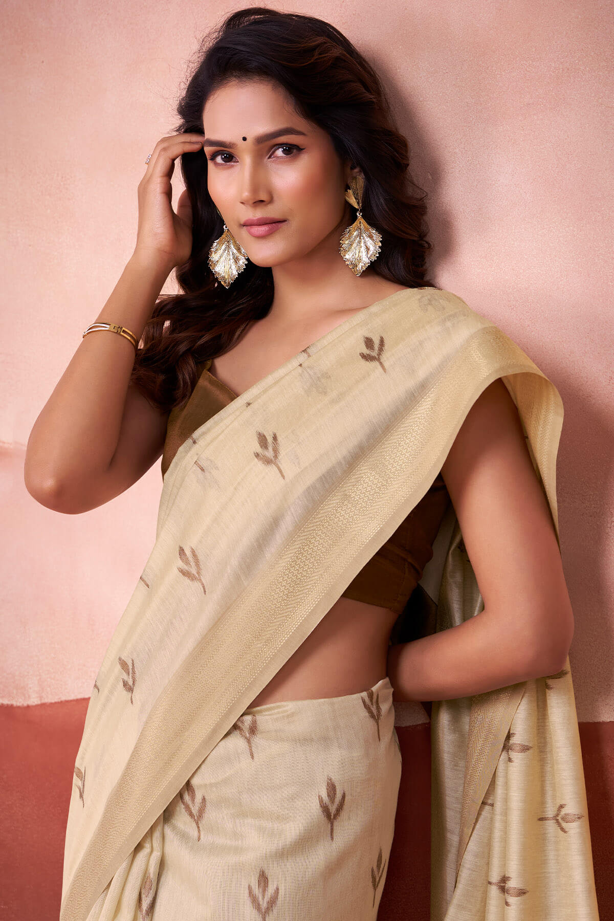Charming Beige Cotton Silk Saree With Fancifull Blouse Piece