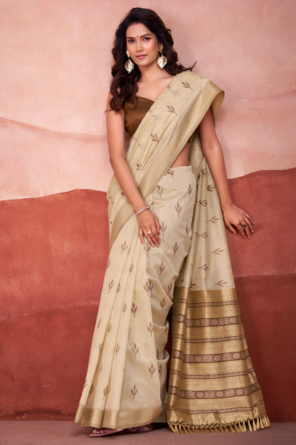Charming Beige Cotton Silk Saree With Fancifull Blouse Piece