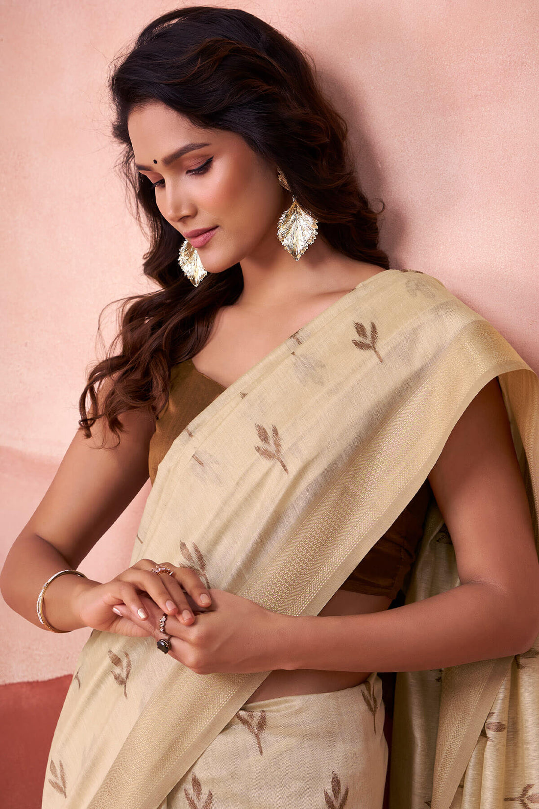 Charming Beige Cotton Silk Saree With Fancifull Blouse Piece