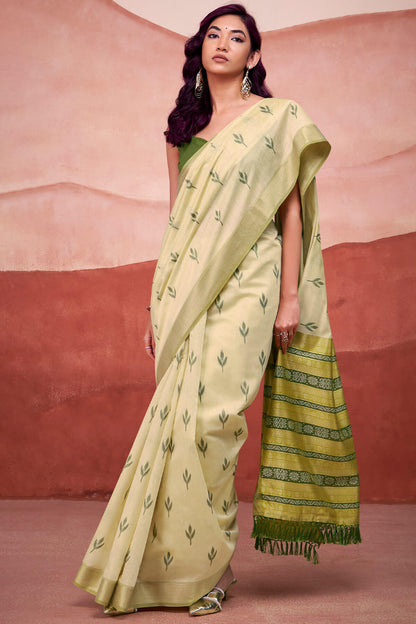 Ailurophile Pista Cotton Silk Saree With Gratifying Blouse Piece