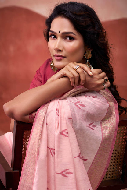 Scrupulous Pink Cotton Silk Saree With Beleaguer Blouse Piece