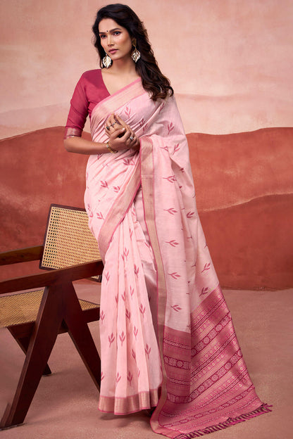 Scrupulous Pink Cotton Silk Saree With Beleaguer Blouse Piece