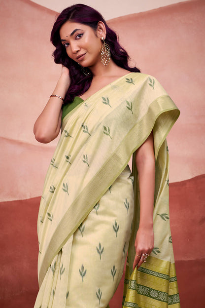 Ailurophile Pista Cotton Silk Saree With Gratifying Blouse Piece