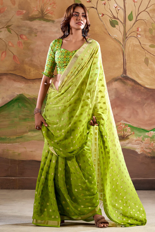 Load image into Gallery viewer, Extraordinary Parrot Georgette Banarasi Silk Saree With Gorgeous Blouse Piece
