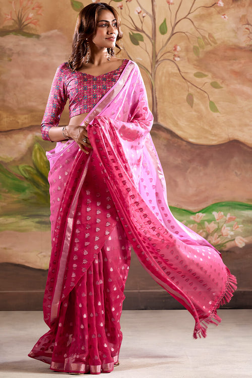 Load image into Gallery viewer, Mesmerising Pink Georgette Banarasi Silk Saree With Alluring Blouse Piece
