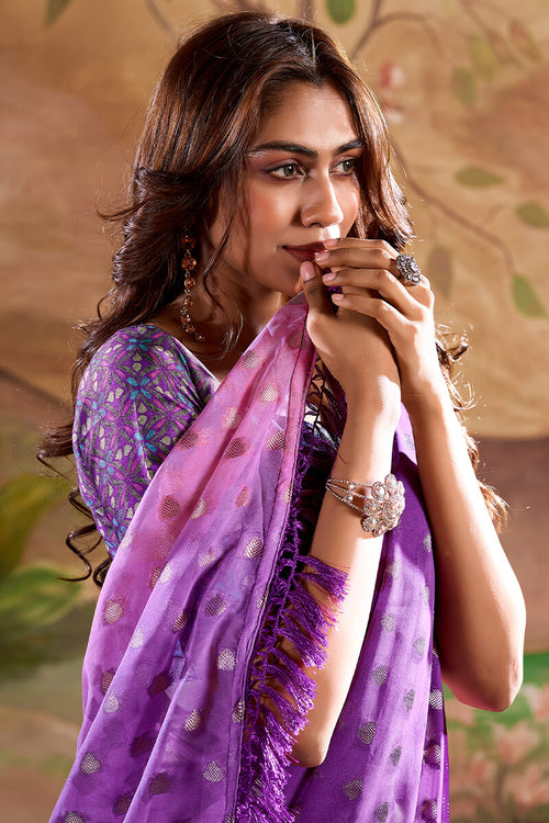 Load image into Gallery viewer, Mesmerising Purple Georgette Banarasi Silk Saree With Staring Blouse Piece
