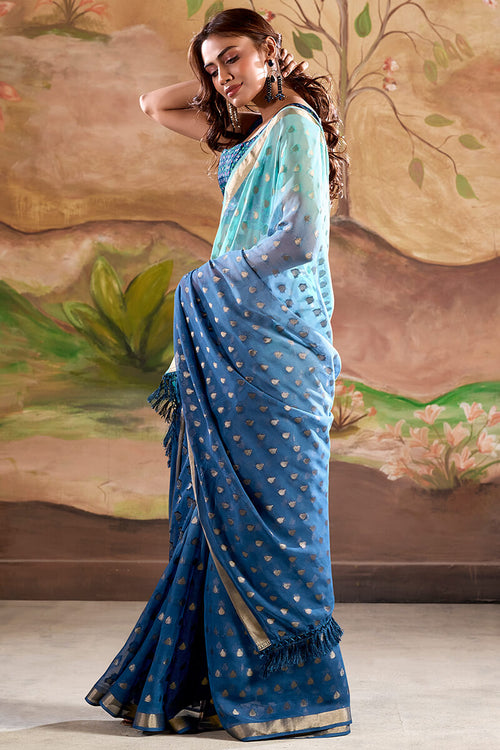 Load image into Gallery viewer, Appealing Blue Georgette Banarasi Silk Saree With Opulent Blouse Piece
