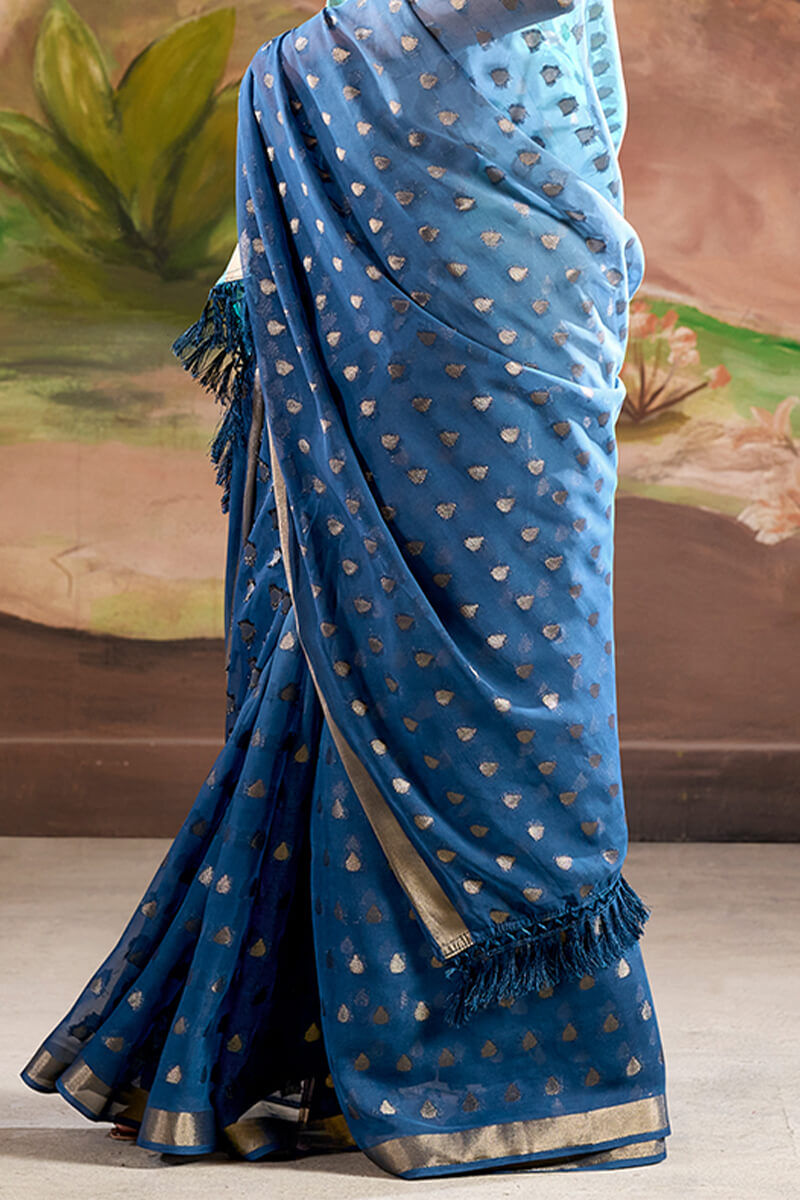 Appealing Blue Georgette Banarasi Silk Saree With Opulent Blouse Piece