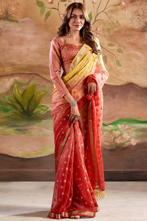 Load image into Gallery viewer, Radiant Red Georgette Banarasi Silk Saree With Traditional Blouse Piece
