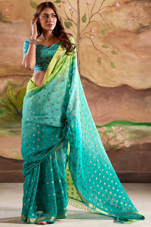 Load image into Gallery viewer, Adorable Sea Green Georgette Banarasi Silk Saree With Intricate Blouse Piece
