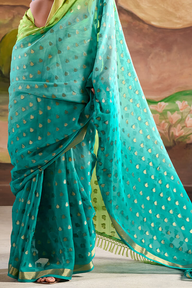 Adorable Sea Green Georgette Banarasi Silk Saree With Intricate Blouse Piece