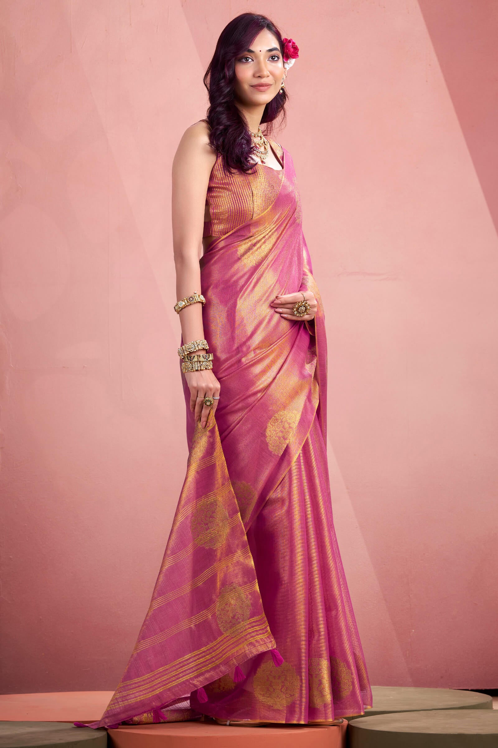 Petrichor Dark Pink Soft Banarasi Tissue Silk Saree With Devastating Blouse Piece