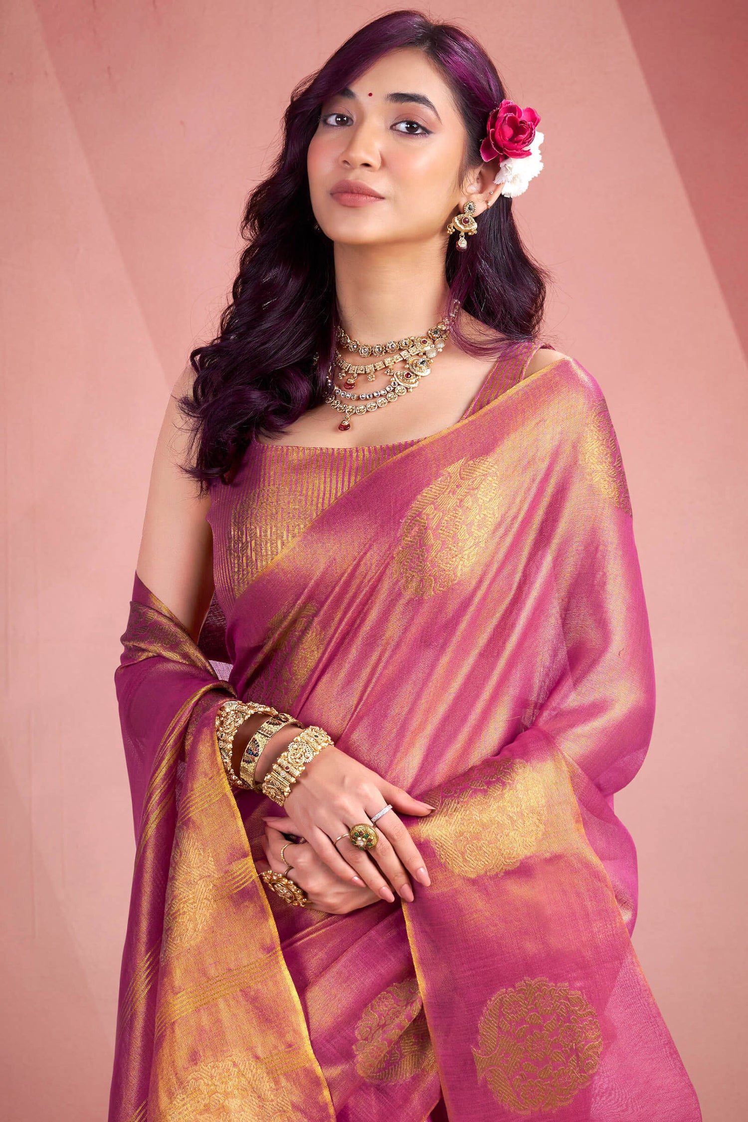 Petrichor Dark Pink Soft Banarasi Tissue Silk Saree With Devastating Blouse Piece