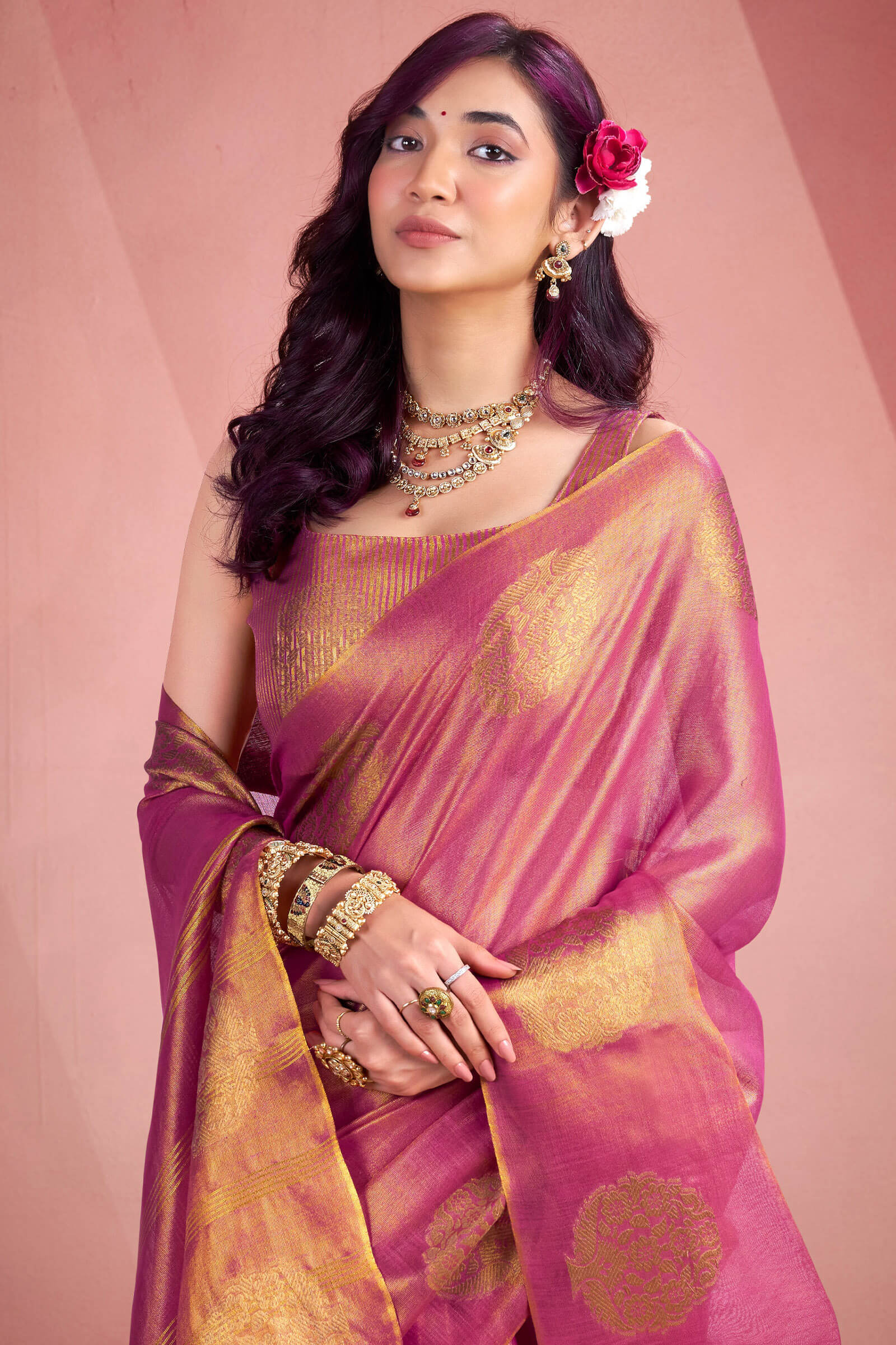 Petrichor Dark Pink Soft Banarasi Tissue Silk Saree With Devastating Blouse Piece
