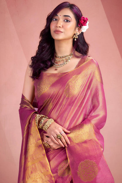 Petrichor Dark Pink Soft Banarasi Tissue Silk Saree With Devastating Blouse Piece