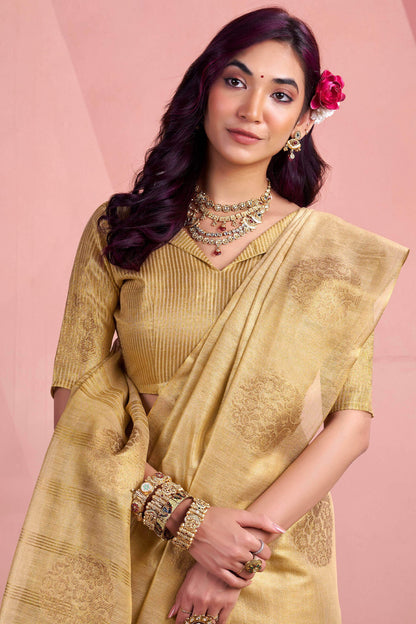 Adoring Beige Soft Banarasi Tissue Silk Saree With Girlish Blouse Piece