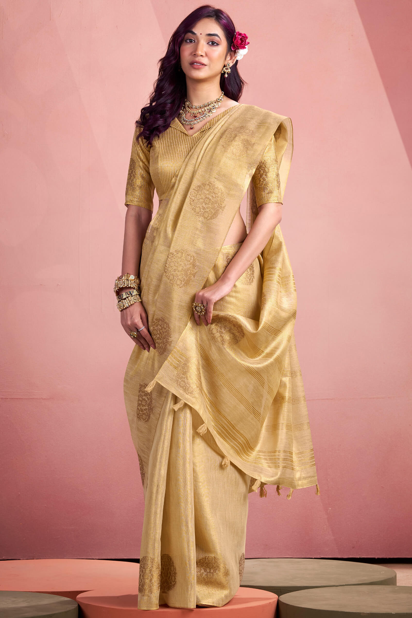 Adoring Beige Soft Banarasi Tissue Silk Saree With Girlish Blouse Piece