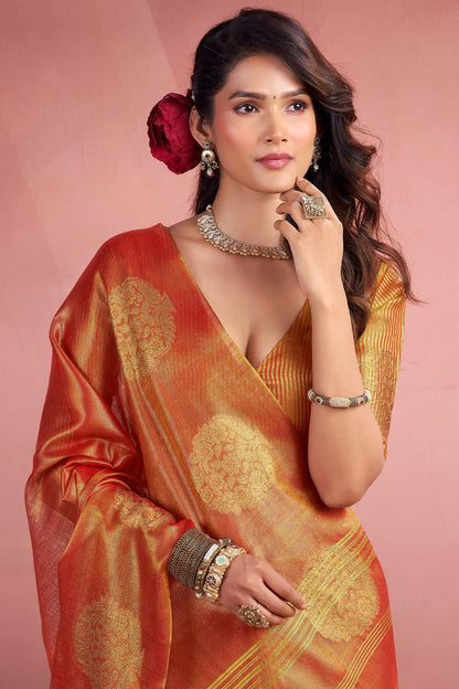 Aplomb Orange Soft Banarasi Tissue Silk Saree With Deserving Blouse Piece