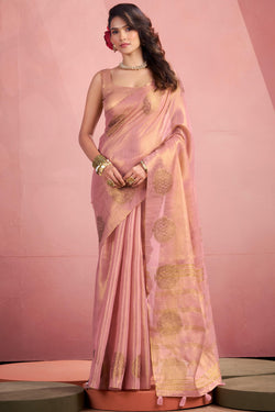 Glowing Pink Soft Banarasi Tissue Silk Saree With Artistic Blouse Piece