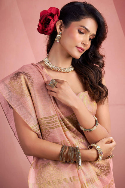 Glowing Pink Soft Banarasi Tissue Silk Saree With Artistic Blouse Piece