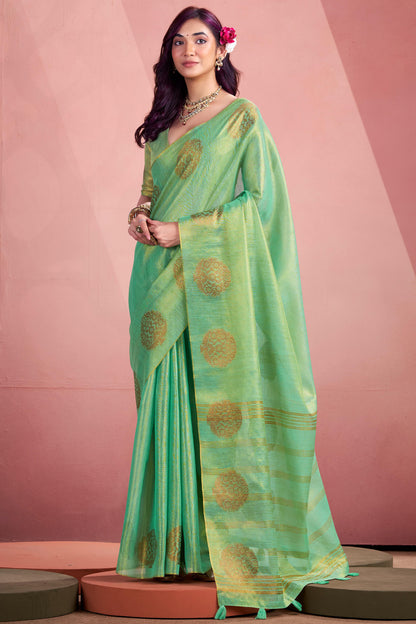 Inimitable Turquoise Soft Banarasi Tissue Silk Saree With Ideal Blouse Piece