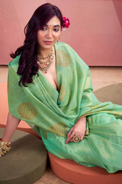 Inimitable Turquoise Soft Banarasi Tissue Silk Saree With Ideal Blouse Piece