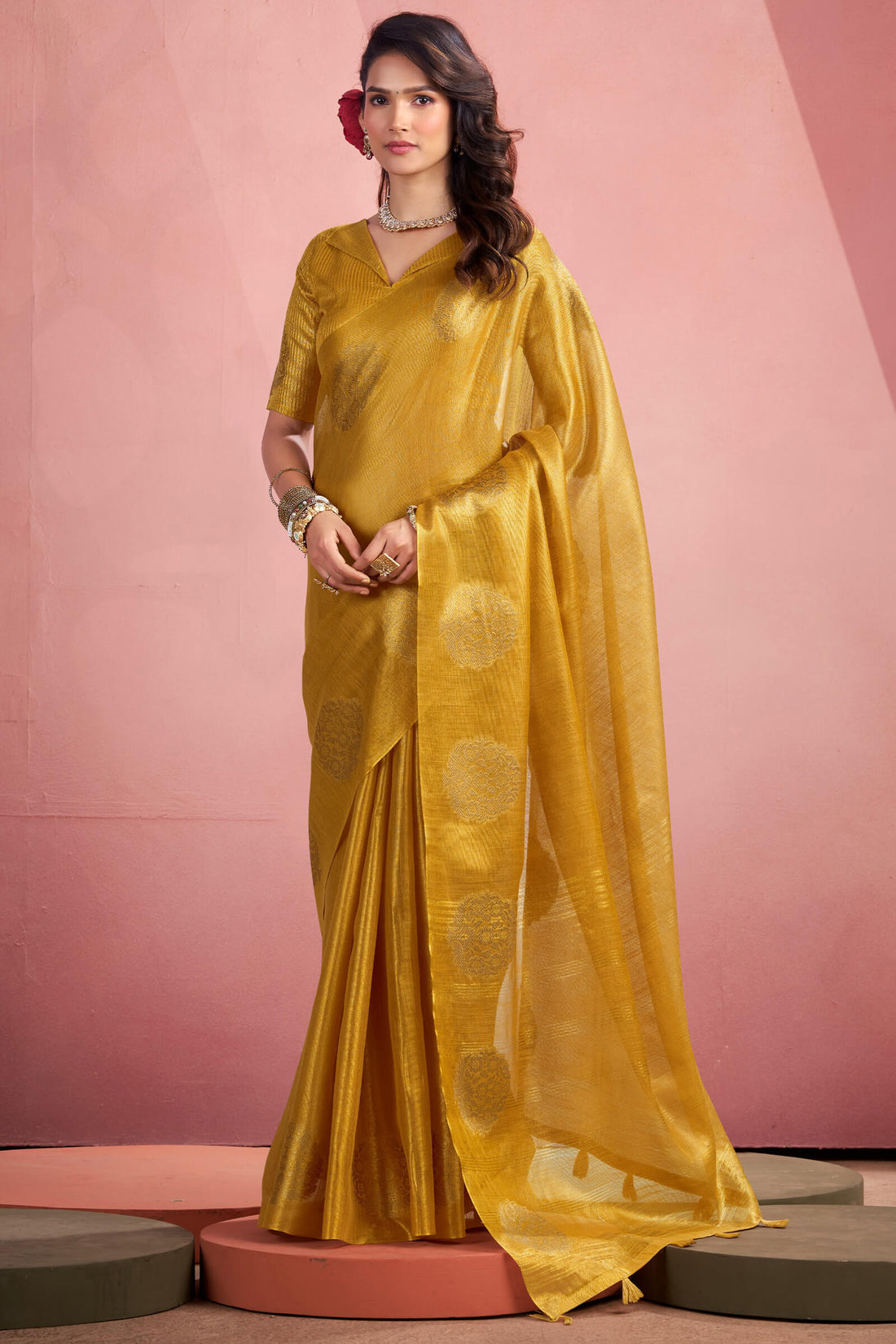 Sizzling Mustard Soft Banarasi Tissue Silk Saree With Delectable Blouse Piece