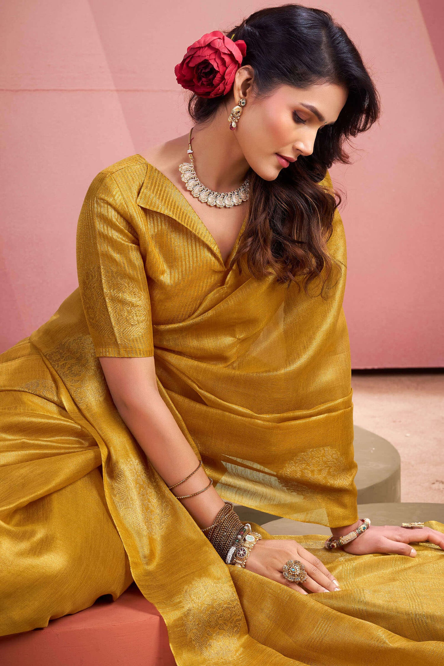 Sizzling Mustard Soft Banarasi Tissue Silk Saree With Delectable Blouse Piece
