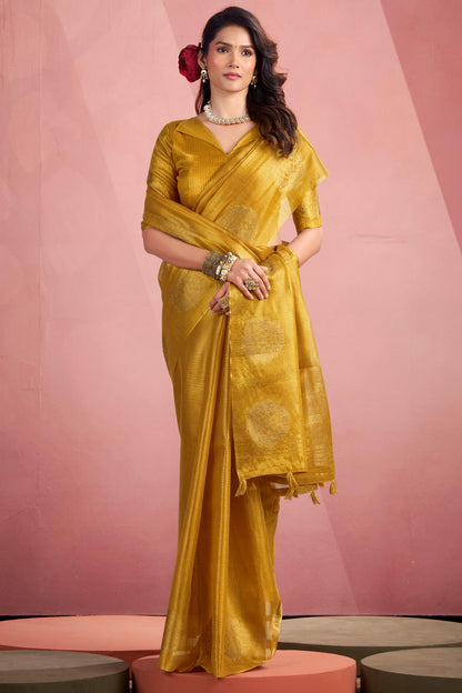 Sizzling Mustard Soft Banarasi Tissue Silk Saree With Delectable Blouse Piece