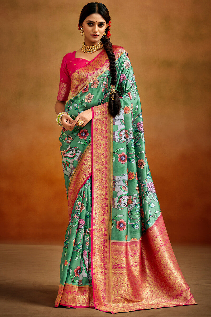 Pleasurable Green Kalamkari Printed Saree With Charismatic Blouse Piece