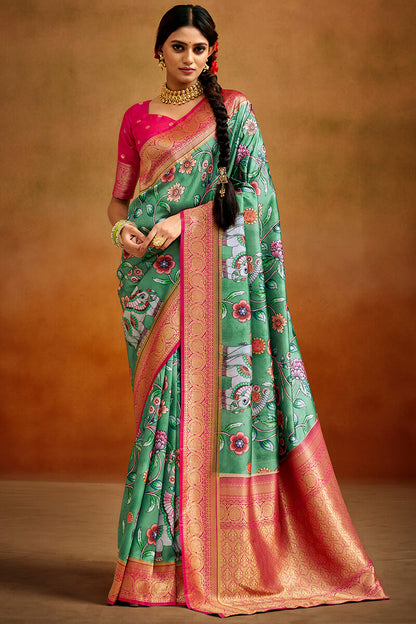 Pleasurable Green Kalamkari Printed Saree With Charismatic Blouse Piece