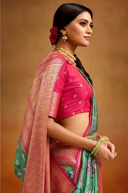 Pleasurable Green Kalamkari Printed Saree With Charismatic Blouse Piece