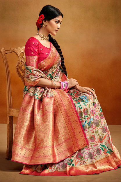 Ratatouille Beige Kalamkari Printed Saree With Rhapsodic Blouse Piece