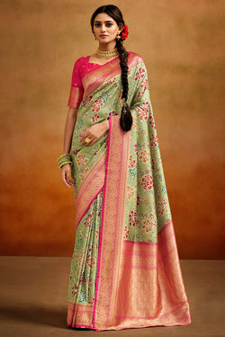 Ephemeral Pista Kalamkari Printed Saree With Winsome Blouse Piece