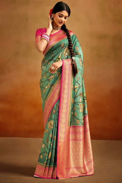 Load image into Gallery viewer, Demesne Green Kalamkari Printed Saree With Scrupulous Blouse Piece
