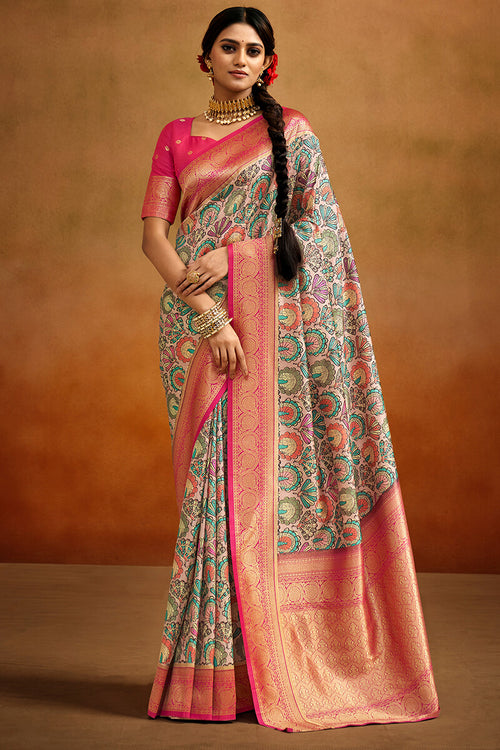 Load image into Gallery viewer, Mesmeric Beige Kalamkari Printed Saree With Vivacious Blouse Piece
