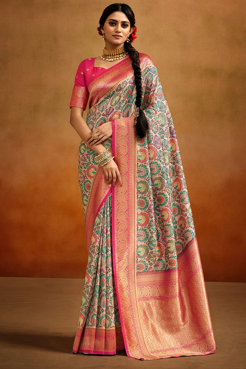 Mesmeric Beige Kalamkari Printed Saree With Vivacious Blouse Piece