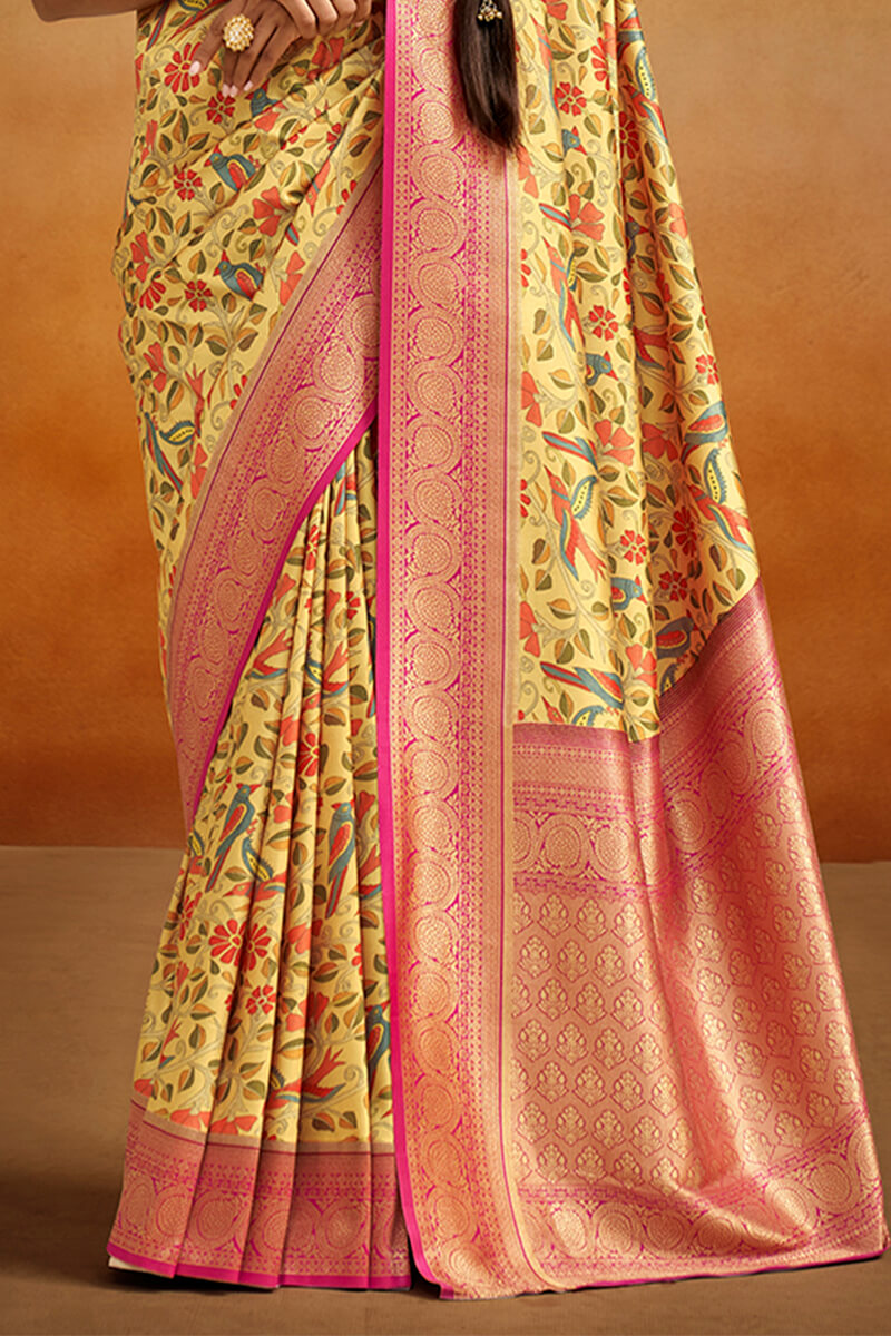 Hypnotic Yellow Kalamkari Printed Saree With Whimsical Blouse Piece