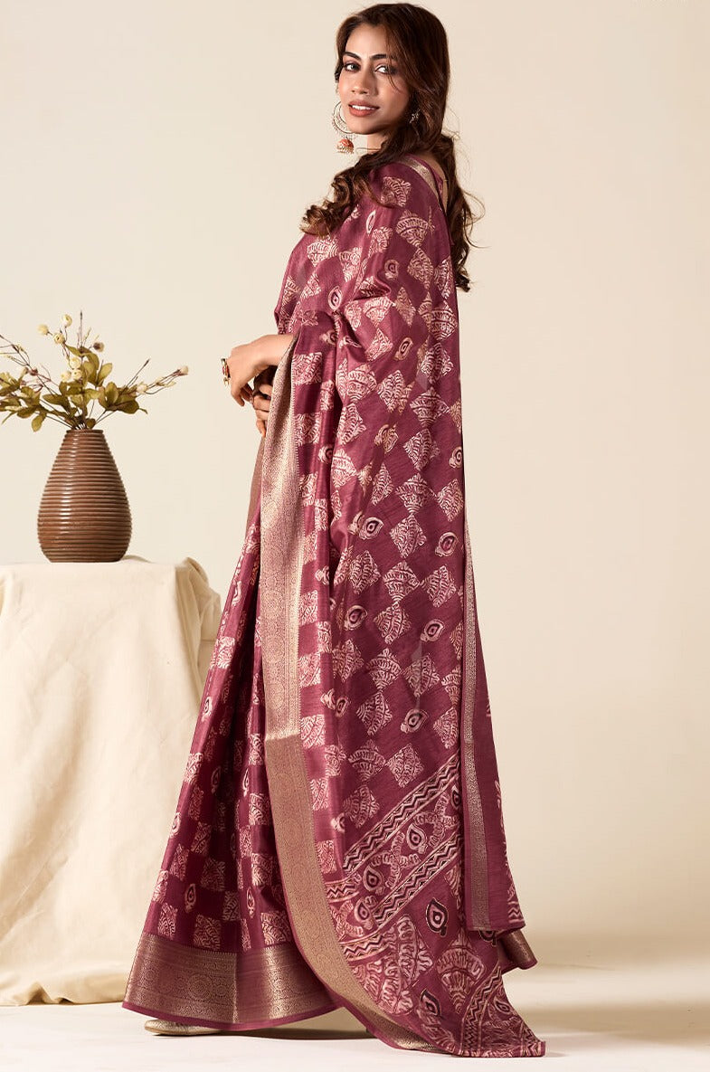 Extraordinary Wine Foil Printed Dola Silk Saree With Staring Blouse Piece