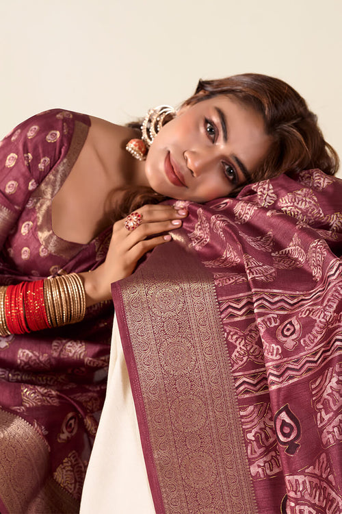 Load image into Gallery viewer, Extraordinary Wine Foil Printed Dola Silk Saree With Staring Blouse Piece
