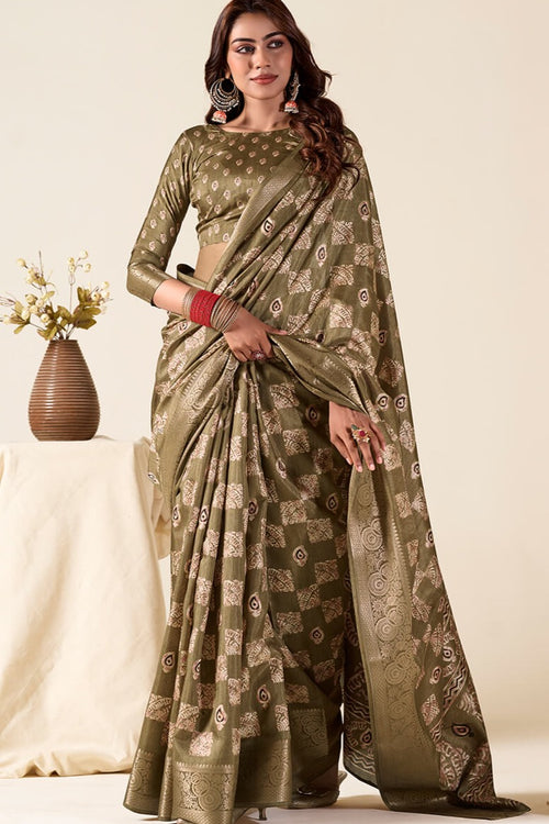 Load image into Gallery viewer, Desiring Mehndi Foil Printed Dola Silk Saree With Prominent Blouse Piece
