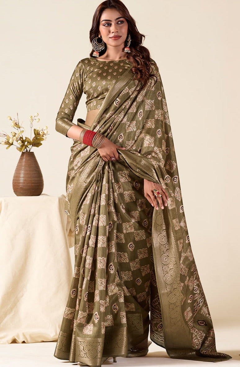 Desiring Mehndi Foil Printed Dola Silk Saree With Prominent Blouse Piece