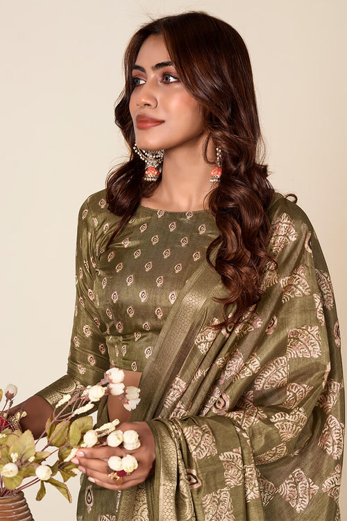 Load image into Gallery viewer, Desiring Mehndi Foil Printed Dola Silk Saree With Prominent Blouse Piece
