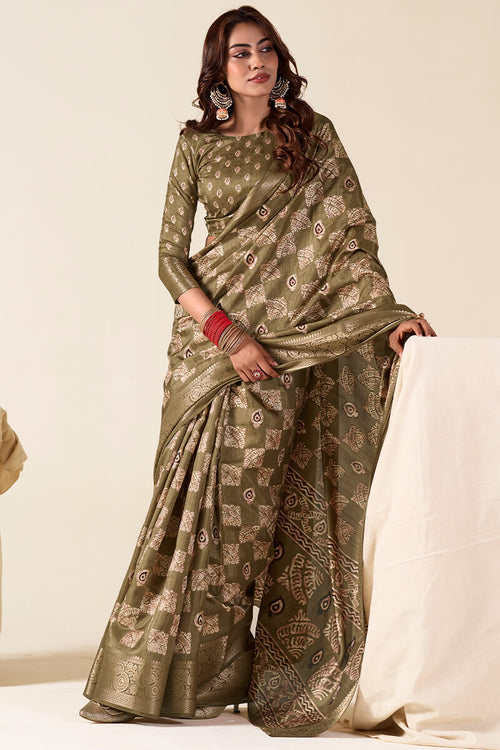 Load image into Gallery viewer, Desiring Mehndi Foil Printed Dola Silk Saree With Prominent Blouse Piece
