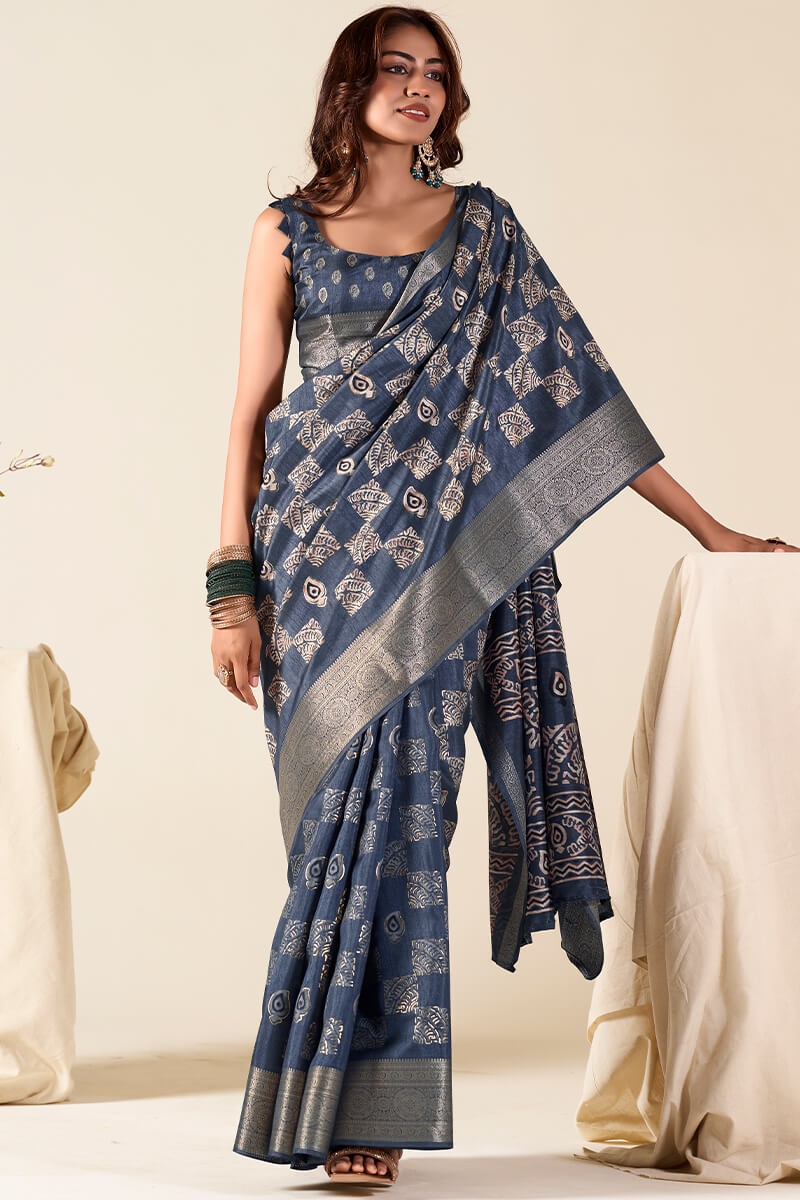 Prettiest Blue Foil Printed Dola Silk Saree With Entrancing Blouse Piece