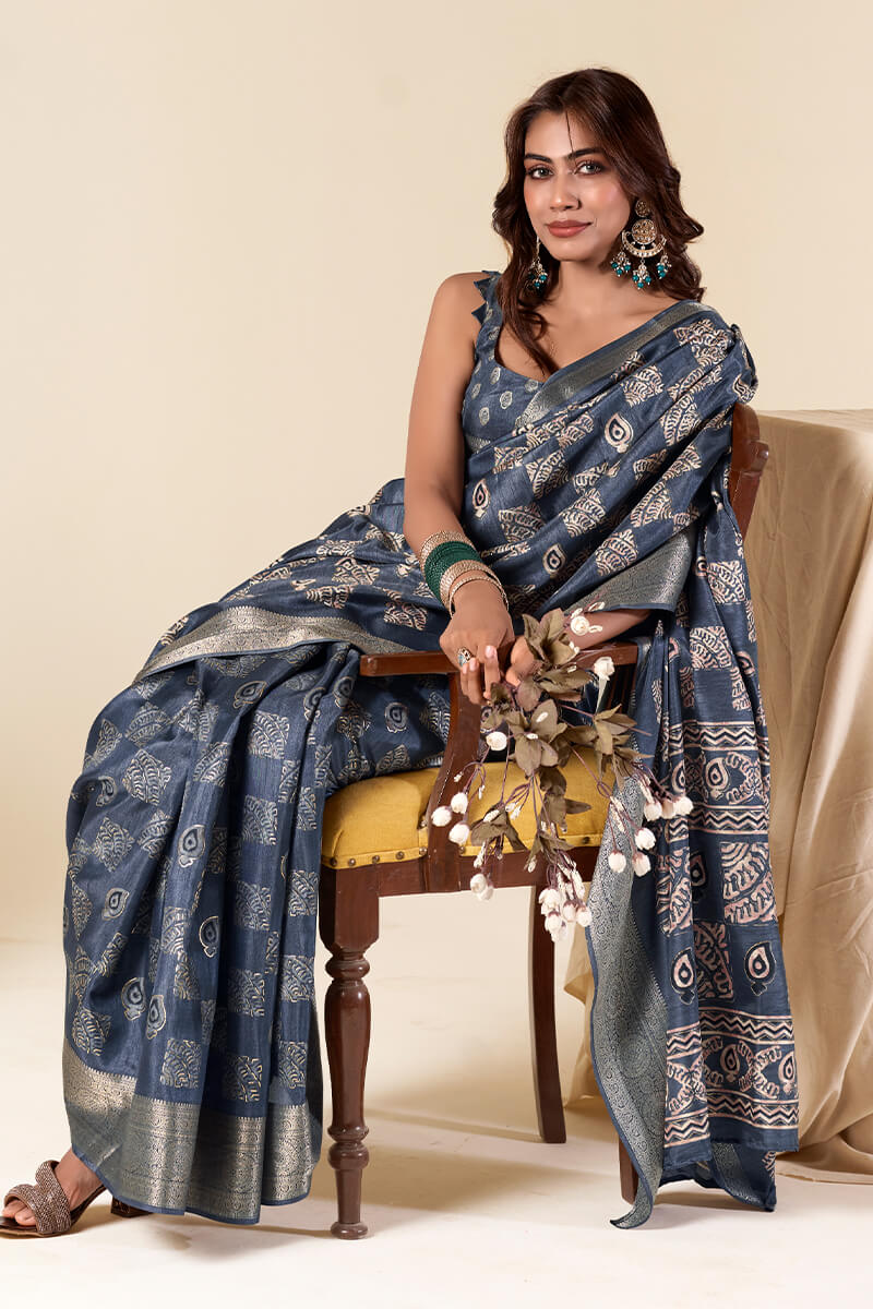 Prettiest Blue Foil Printed Dola Silk Saree With Entrancing Blouse Piece