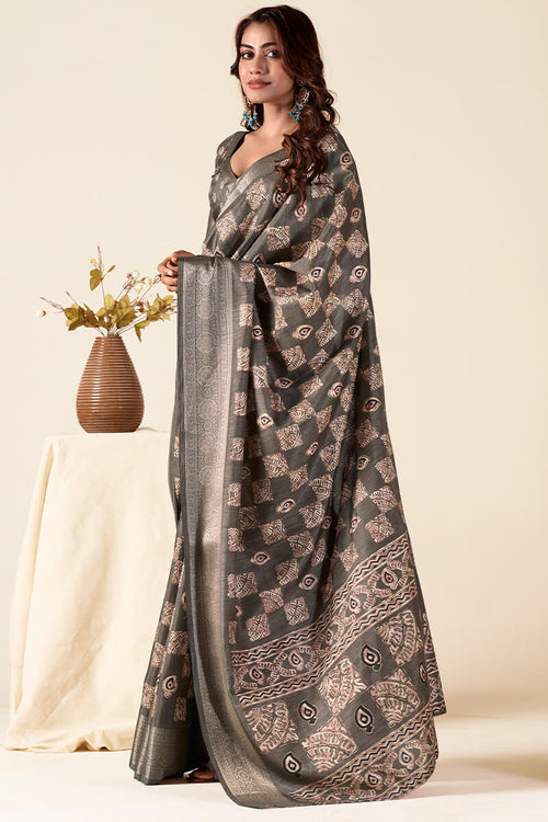 Load image into Gallery viewer, Traditional Brown Foil Printed Dola Silk Saree With Divine Blouse Piece
