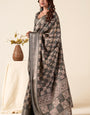 Traditional Brown Foil Printed Dola Silk Saree With Divine Blouse Piece